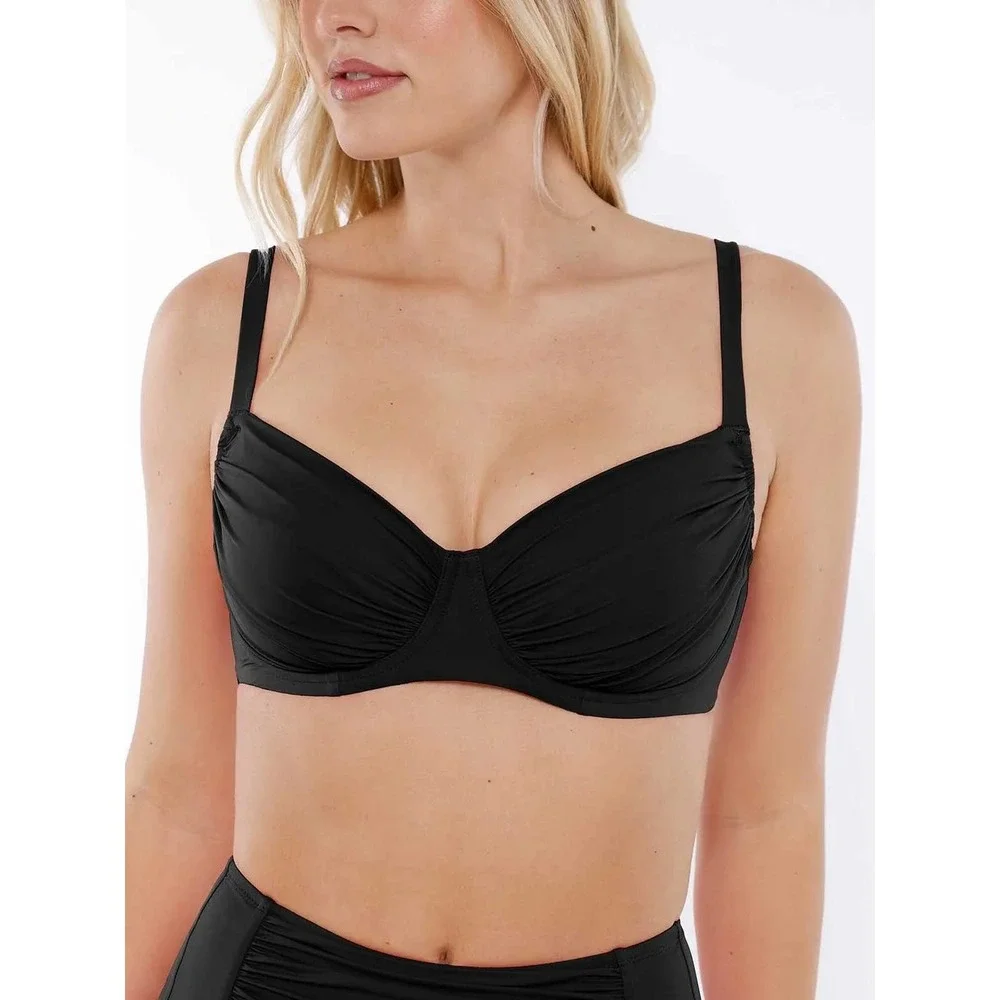 NEW Popilush Shapewear Ruched Underwire Bikini Top Black Large Swimwear